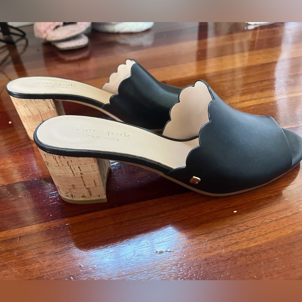 Kate Spade scalloped leather & cork block heel mules